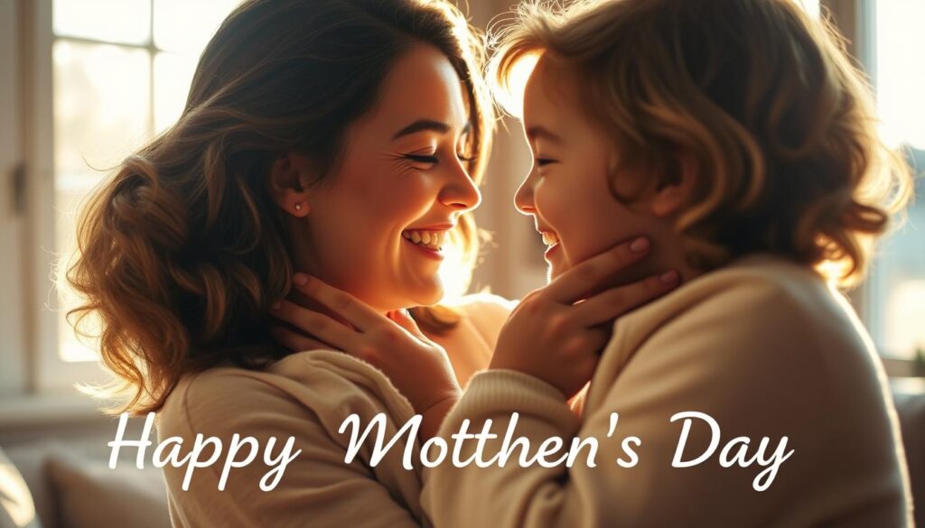 A serene, sunlit tableau depicting a mother and child embracing, their faces beaming with joyful gratitude. The mother's gentle hands cradle the child's face as they lock eyes, their expressions conveying a profound, heartfelt connection. The background is a softly blurred domestic setting, hinting at a cozy, nurturing environment. Warm lighting from a nearby window casts a golden glow, lending an aura of love and appreciation. The overall mood is one of heartwarming tenderness, capturing the essence of the mother-child bond and the cherished act of expressing gratitude on Mother's Day.