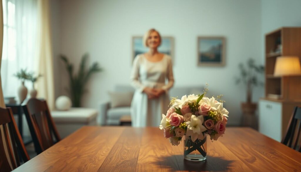A serene, warm-lit interior scene with an elegant wooden table in the foreground, adorned with a bouquet of fresh flowers. In the middle ground, a gentle, ethereal figure representing a mother stands, her face cast in a soft, contemplative expression. The background features a blurred, cozy living space, subtly hinting at the nurturing, familial setting. The overall mood is one of reverence, gratitude, and the timeless bond between a mother and child. Dramatic, painterly lighting illuminates the scene, creating a sense of timelessness and emotional depth.