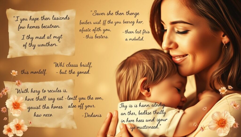A serene, warm-lit scene of a mother and child embracing, surrounded by a collage of handwritten motivational quotes and affirmations on parchment paper. The mother's face is softly illuminated, exuding a reassuring, nurturing expression. In the background, delicate floral elements and a gentle bokeh effect create a dreamlike, sentimental atmosphere. The composition emphasizes the powerful emotional connection between mother and child, and the profound impact that inspirational words can have on a mother's journey.