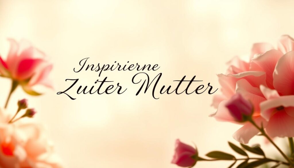 A serene, warm-toned composition featuring an elegant cursive script against a soft, ethereal background. The text, "Inspirierende Zitate über Mütter," is prominently displayed in the middle ground, its flowing lines evoking a sense of maternal affection and reverence. In the foreground, delicate floral elements, such as roses or peonies, frame the central text, their petals gently illuminated by a softly diffused natural light. The background subtly blends hues of peach, ivory, and pale blue, creating a soothing, tranquil atmosphere that complements the inspirational message. The overall design conveys a sense of thoughtfulness, warmth, and appreciation for the strength and beauty of motherhood.