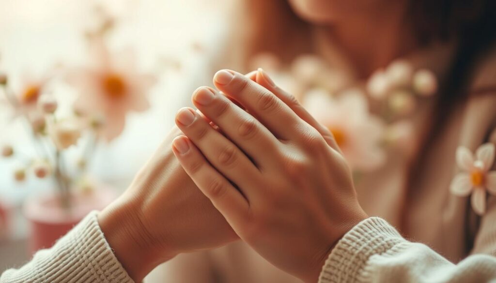 A serene, warm-toned composition showcasing the expression of heartfelt gratitude. In the foreground, a pair of delicate hands tenderly clasping in a gesture of deep appreciation, the fingers intertwined, conveying a sense of reverence and emotional connection. The middle ground features a soft, blurred background of gentle floral elements, evoking a sense of nurturing and care. The lighting is soft and diffused, creating a sense of intimacy and tranquility. The overall mood is one of sincere thankfulness, with a subtle hint of introspection and contemplation. The angles and composition draw the viewer's gaze inward, inviting them to feel the genuine emotions expressed.