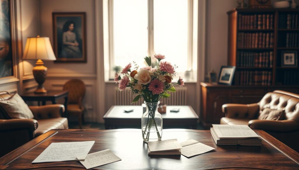A serene, warm-toned interior setting with a cozy ambiance. In the foreground, an elegant wooden table is adorned with a vase of fresh flowers and a scattering of handwritten notes and papers, evoking a contemplative atmosphere. In the middle ground, a large window lets in soft, diffused natural light, casting a gentle glow over the scene. In the background, a bookshelf filled with leather-bound volumes and a few framed photographs suggests a relaxed, intellectual environment. The overall mood is one of thoughtful tranquility, inviting the viewer to ponder the timeless wisdom and insights shared by mothers.