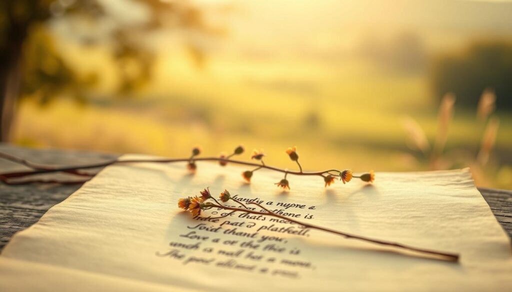A serene, warm-toned scene depicting a carefully handwritten poem set against a soft, natural backdrop. In the foreground, the delicate strokes of ink on aged paper hint at the tenderness and thoughtfulness of the words. The middle ground features a sprig of fragrant flowers, perhaps a mother's favorite, complementing the poem's heartfelt message. In the background, a blurred, pastoral landscape evokes a sense of tranquility and contemplation, inviting the viewer to pause and reflect on the profound bond between a mother and child. Soft, diffused lighting casts a gentle glow, evoking a sense of reverence and appreciation. The overall mood is one of sincere gratitude and heartfelt celebration of maternal love.