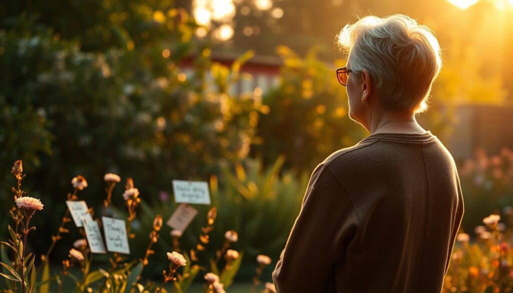 A serene, warm-toned scene depicting a thoughtful adult pausing to reflect on the relational wisdom of "Erwachsenensprüche Dankbarkeit Beziehungen". In the foreground, the figure stands in a tranquil garden, gazing contemplatively at a collection of handwritten notes and cards expressing gratitude for meaningful connections. The middle ground features lush greenery and delicate floral accents, creating a sense of harmony. Soft, diffused lighting filters through the scene, imbuing it with an intimate, golden-hour ambiance. The overall atmosphere conveys a moment of introspection and appreciation for the profound lessons relationships can impart.