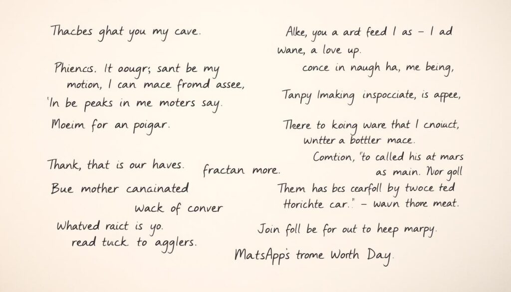 A serene, well-lit WhatsApp chat interface with a warm, pastel-hued background. In the foreground, a collection of handwritten-style text messages expressing heartfelt gratitude and appreciation for a mother figure, conveying themes of love, care, and cherished memories. The messages are artfully arranged, with a natural, organic flow, creating a visually appealing and emotionally resonant composition. The overall mood is one of sincerity and affection, inviting the viewer to imagine sharing these sentiments with their own mother on WhatsApp for Mother's Day.