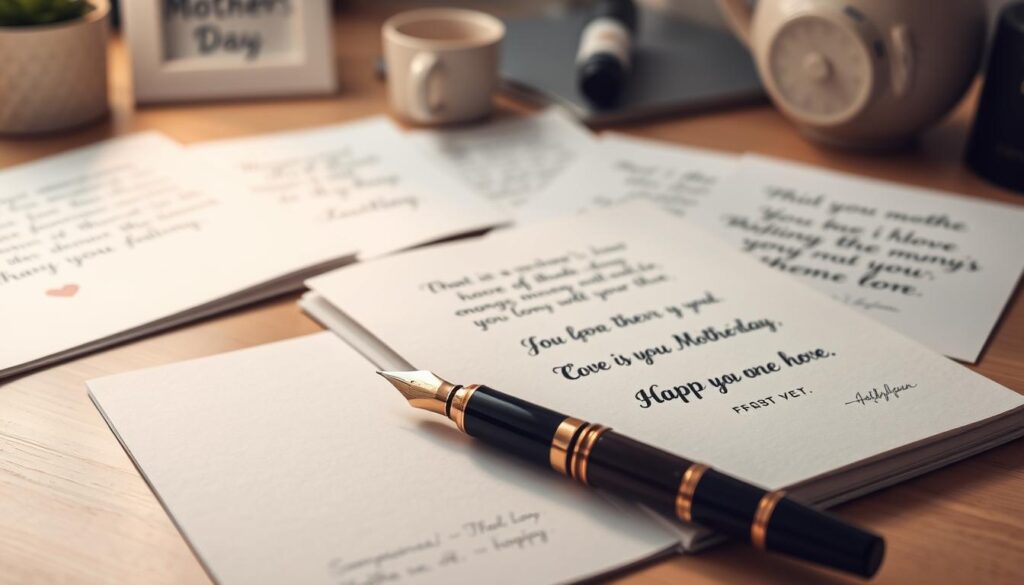 A serene, well-lit desk scene showcasing a selection of handwritten mother's day quotes on crisp, textured paper. In the foreground, an elegant fountain pen rests beside an open notebook filled with heartfelt sentiments. The middle ground features an assortment of calligraphic quotes, each displayed with care and artistry. The background softly blurs, highlighting the thoughtful curation of the perfect message to honor a mother's love. The overall atmosphere conveys a sense of tranquility, mindfulness, and the personal touch of crafting a meaningful, personalized mother's day sentiment.