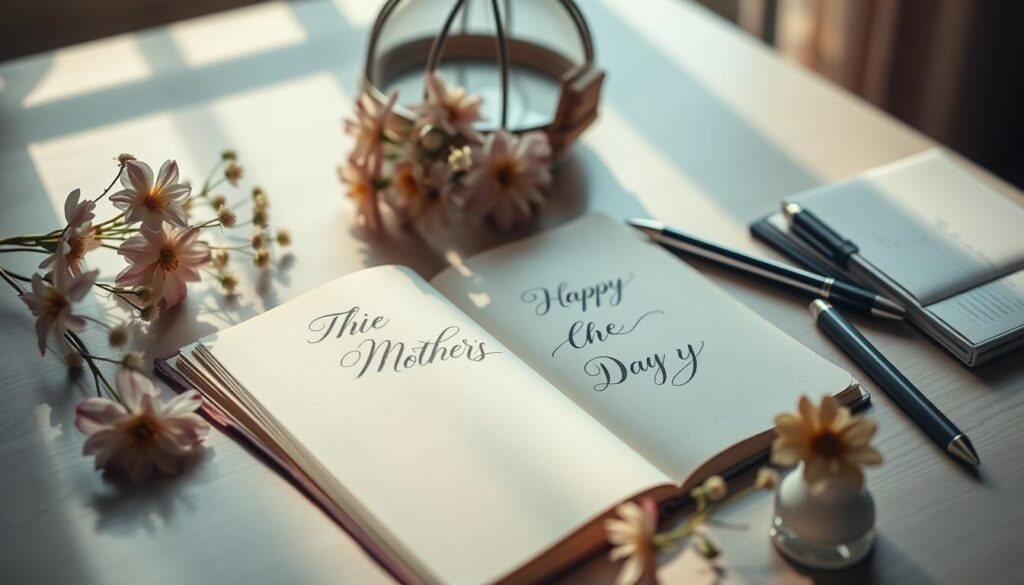 A serene, well-lit desk showcases an open notebook with elegant calligraphy, surrounded by delicate flowers, pens, and a thoughtful expression. The composition evokes a sense of creative inspiration and the personal touch of handwritten messages for Mother's Day. Soft natural lighting casts a warm glow, highlighting the tactile elements and the intimate, reflective mood. The scene encourages the viewer to pause, reflect, and craft their own heartfelt sentiments to honor the maternal figure in their life.