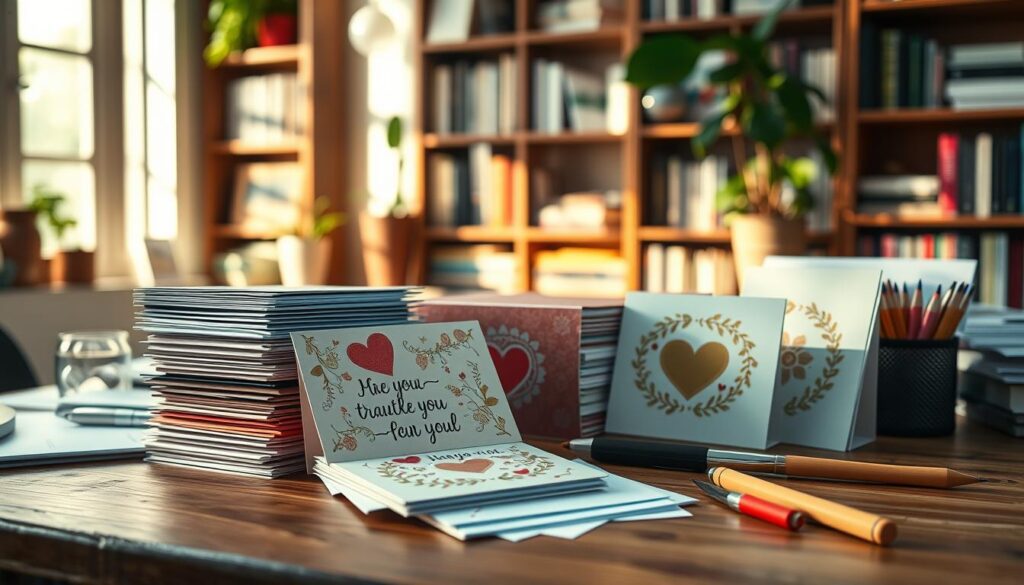 A serene, well-lit office scene with a wooden desk, a stack of colorful greeting cards, and a variety of stationery supplies. The cards are beautifully handmade, with intricate designs and heartfelt messages. Soft, diffused lighting illuminates the scene, casting a warm, inviting glow. The background features bookshelves and plants, creating a cozy, inspirational ambiance. The composition is balanced, with the cards taking center stage, surrounded by the tools and materials needed for their secure and thoughtful delivery. The image conveys the care and attention that goes into crafting and sending personalized cards.