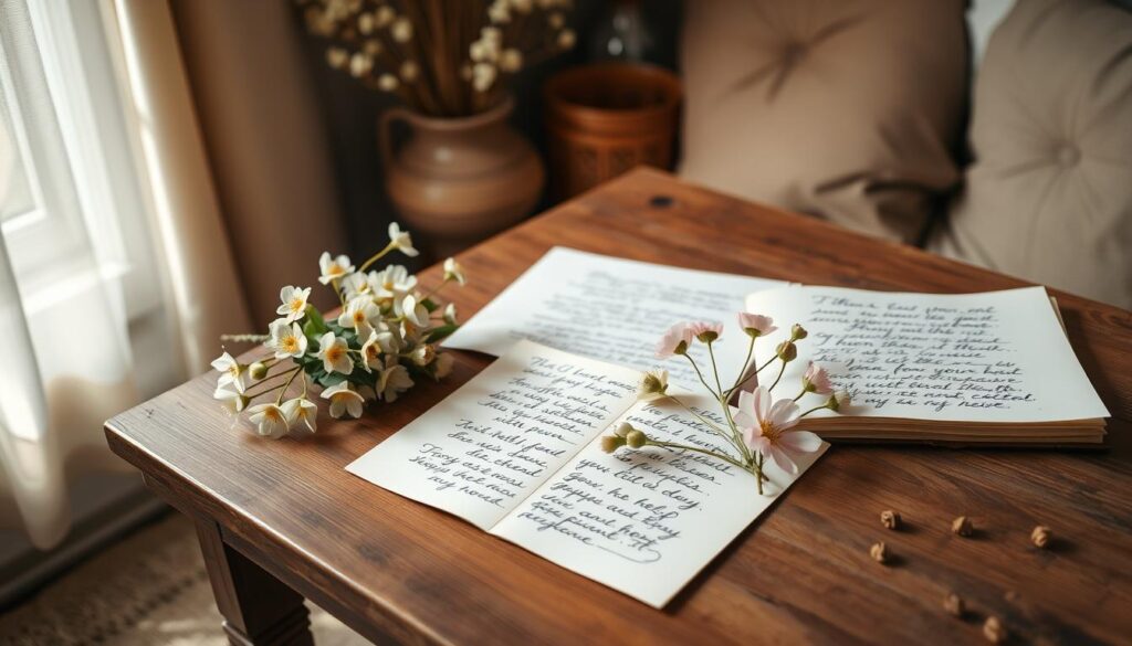 A serene, well-lit room with a soft, warm glow. On a wooden table, a collection of handwritten poems and letters, accompanied by a bouquet of delicate spring flowers in pastel shades. The poems' pages are gently illuminated, their cursive script evoking a heartfelt, personal touch. Surrounding the table, a cozy, inviting atmosphere, with natural textures and earthy tones creating a soothing, contemplative mood. The overall scene conveys a sense of gratitude, appreciation, and the cherished bond between a mother and child.