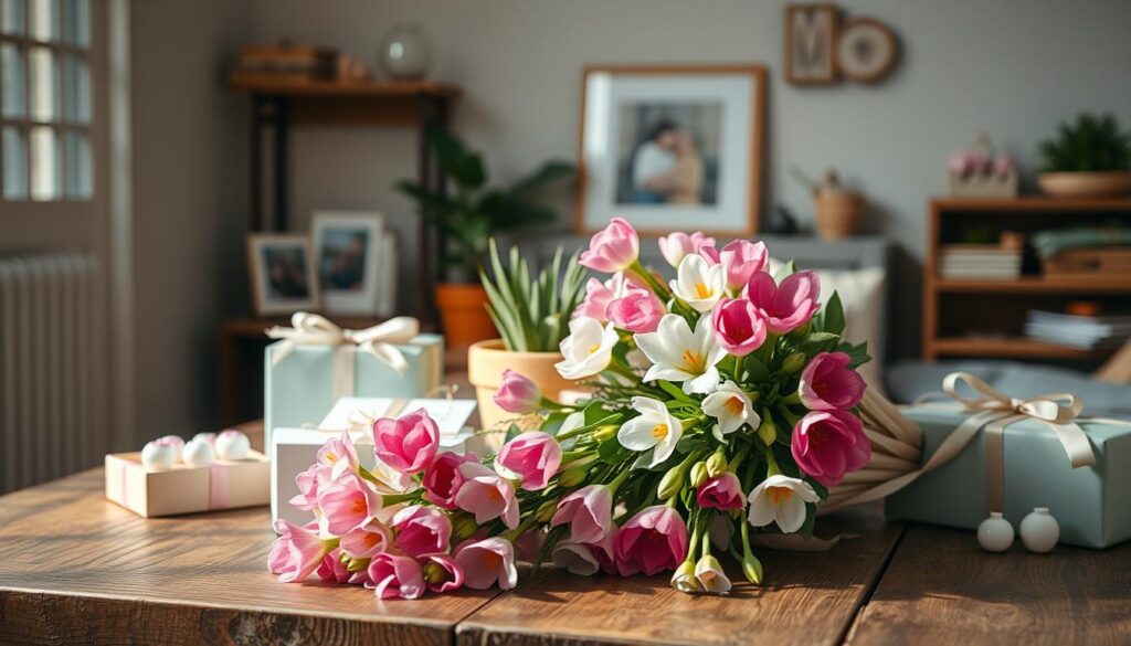 A serene, well-lit scene of an assortment of thoughtful Mother's Day gifts arranged on a rustic wooden table. In the foreground, a bouquet of vibrant spring flowers cascades gently, their petals catching the soft, warm light. Surrounding the floral centerpiece, an array of neatly wrapped boxes in pastel colors, delicate ceramic trinkets, and a handmade card with a heartfelt message. The middle ground features a potted plant and a framed family photograph, suggesting the personal, heartfelt nature of the gifts. In the background, a cozy, inviting interior with soft, muted tones creates a harmonious, intimate atmosphere, perfect for celebrating the special bond between a mother and her loved ones.