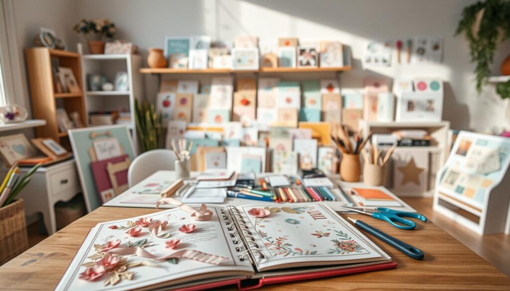 A serene, well-lit studio space filled with an array of handmade cards and scrapbooking materials. In the foreground, an open scrapbook with delicate floral accents, ribbons, and intricate paper-crafted elements. On the middle table, various cutting tools, paint brushes, and an assortment of colorful papers, stickers, and embellishments. In the background, a tidy shelf displays an inspiring collection of handmade greeting cards in various styles and designs. Soft natural lighting filters through the windows, casting a warm glow over the crafting scene. The overall atmosphere evokes a sense of creativity, thoughtfulness, and the joy of making something by hand for a special occasion like Mother's Day.