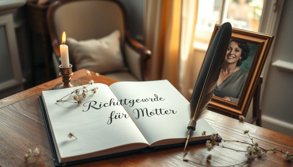 A serene, well-lit study with a wooden desk and a cozy armchair. On the desk, a calligraphic feather pen and an open journal displaying the words "Richtige Worte für Mutter" in elegant cursive script. The journal is surrounded by delicate wildflowers, a single burning candle, and a vintage golden-framed photograph of a smiling woman, likely the subject's mother. Soft natural light streams in through a window, casting a warm glow over the scene. The overall mood is one of thoughtfulness, care, and heartfelt appreciation.