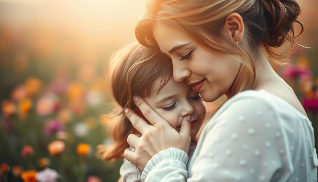 A soft focus scene of a mother and child embracing, their faces filled with warmth and tenderness. The mother's hand gently caresses her child's cheek, a gesture of profound connection. In the background, a hazy, ethereal field of colorful flowers sways in the breeze, creating a serene, poetic atmosphere. The lighting is soft and diffused, casting a dreamlike, romantic glow over the intimate moment. The composition is centered and balanced, emphasizing the bond between the two figures. The overall mood is one of deep, emotional Verbundenheit – a visual representation of the power of poetry to capture the essence of a mother's love.