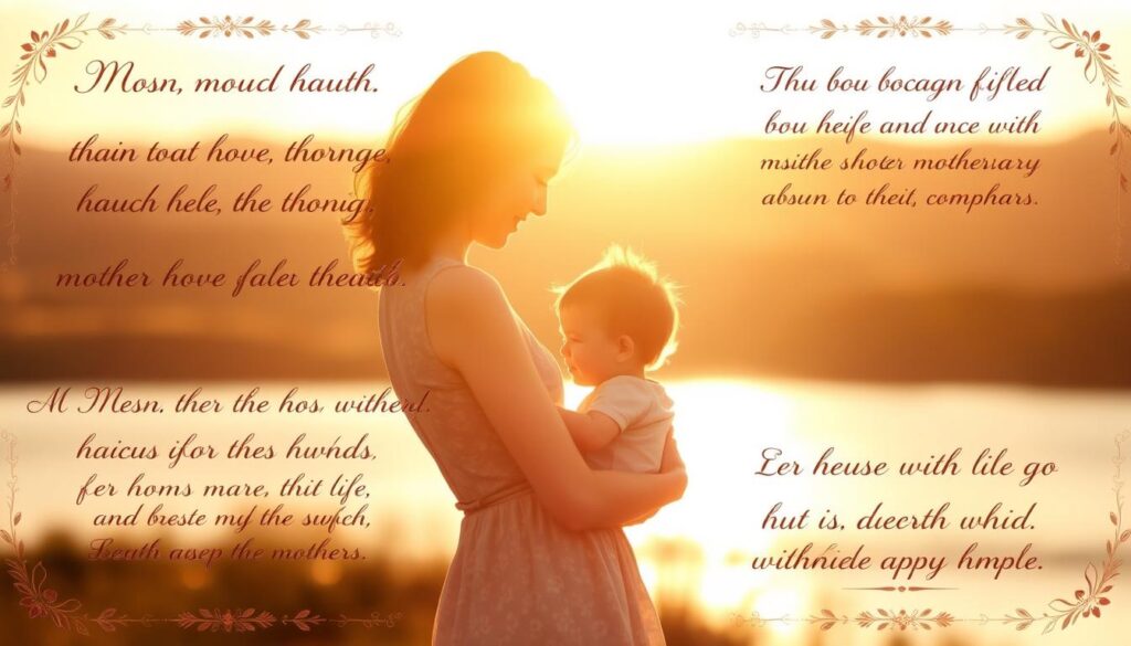 A soft, warm-toned image showcasing inspirational quotes about mothers. In the foreground, a collage of elegant, handwritten phrases in cursive script, each framed by a delicate floral border. In the middle ground, a tranquil scene of a mother and child embracing, their silhouettes backlit by a golden afternoon light. The background features a soothing, blurred landscape of rolling hills and a serene sky, creating a sense of peace and reflection. The overall composition conveys the beauty, love, and wisdom embodied in motherhood.