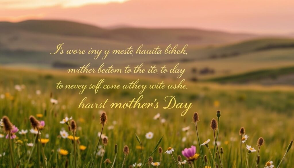 A softly illuminated, handwritten-style poem against a serene, pastoral landscape. In the foreground, elegant calligraphic text unfurls, the lines flowing like a gentle stream. Behind it, a picturesque meadow dotted with blooming wildflowers sways in a light breeze. In the distance, rolling hills and a horizon bathed in warm, golden hues create a sense of tranquility and timelessness. The overall atmosphere is one of heartfelt sentiment and poetic contemplation, evoking the essence of heartfelt mother's day sentiments.