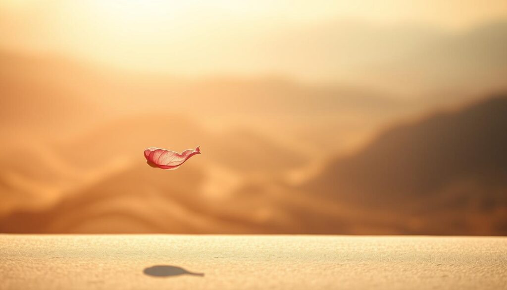 A softly-lit, contemporary poetry scene. In the foreground, a single delicate flower petal floats gracefully, capturing the ephemeral essence of modern verse. In the middle ground, fluid brushstrokes of color cascade across the canvas, evoking the rhythm and emotion of the written word. The background is a hazy, dreamlike landscape, its horizon blurred to suggest the boundless nature of poetic expression. The lighting is warm and diffused, casting a gentle, introspective glow that infuses the entire composition with a sense of lyrical contemplation. Subtle, sophisticated, and visually captivating, this image aims to embody the refined elegance of "moderne Poesie".