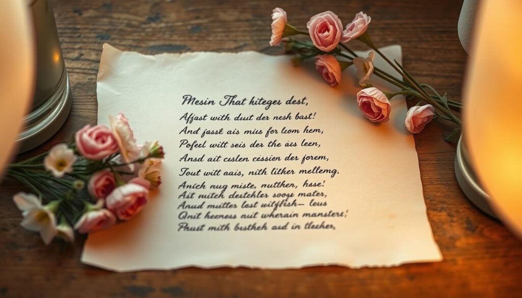 A softly lit, cozy scene of a handwritten poem on parchment paper, with delicate floral decorations and a nostalgic, vintage feel. The poem is framed by a bouquet of fresh flowers, perhaps carnations or lilies, arranged artfully on a wooden tabletop. Warm, diffused lighting creates a serene, intimate atmosphere, highlighting the thoughtful, heartfelt nature of the verse. The overall composition conveys a sense of care, love, and appreciation, perfectly capturing the sentiment of a Muttertag poem.
