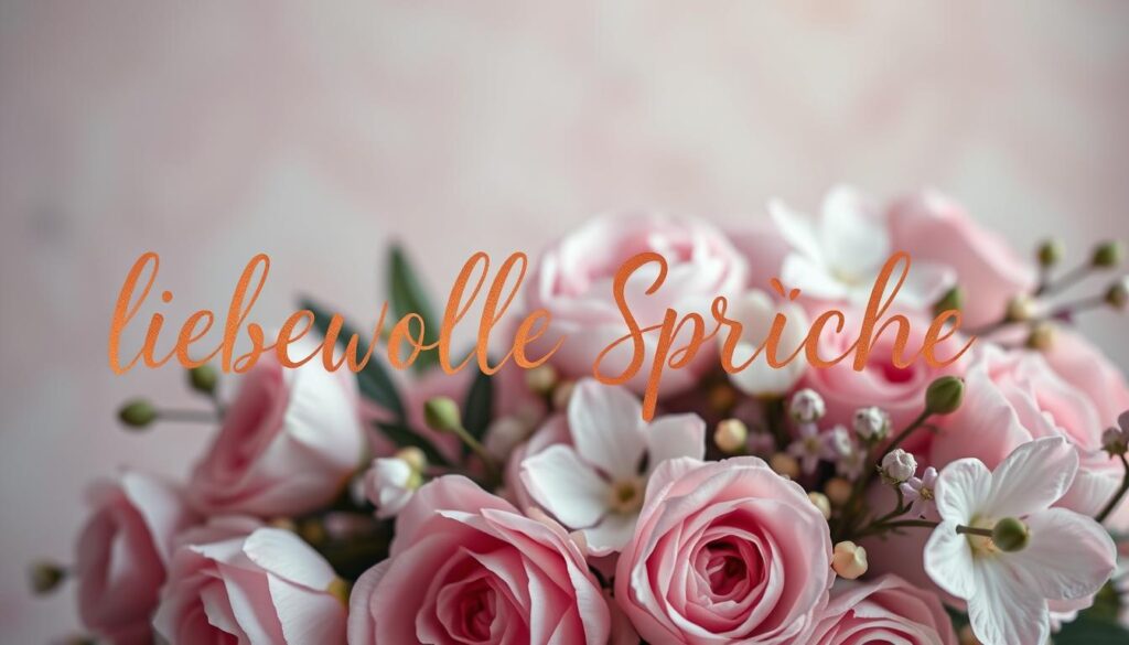 A softly lit, handwritten script calligraphy against a delicate floral backdrop. In the foreground, looping cursive in a warm, earthy palette spells out "liebevolle Sprüche" in a graceful, affectionate style. The middle ground features a lush, romantic arrangement of lifelike flowers - roses, peonies, and jasmine - in shades of pink, white, and lavender, their petals gently illuminated. The background is a hazy, pastel-tinted canvas, creating a dreamy, intimate atmosphere that evokes a heartfelt mother's day sentiment.
