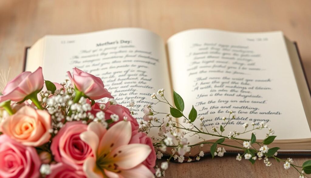 A softly lit poetic scene, with a bouquet of delicate flowers in the foreground - a mix of vibrant roses, fragrant lilies, and delicate baby's breath. In the middle ground, elegant handwritten verses adorn the page of an open journal, the gentle penmanship reminiscent of a loving mother's touch. The background is a warm, muted palette, evoking a serene, introspective atmosphere, perfect for reflecting on heartfelt Mother's Day poems. Soft, diffused lighting creates a glowing, reverential mood, as if the viewer is privy to a private, personal moment. The overall composition conveys a sense of heartfelt gratitude and appreciation for a mother's unconditional love.
