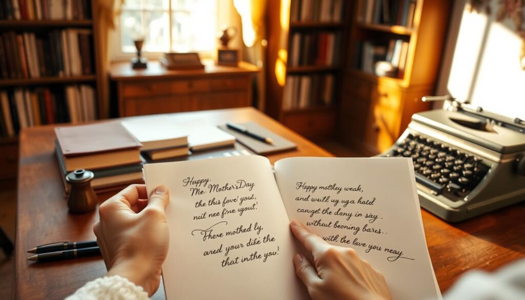 A softly lit study with a wooden desk and bookshelves in the background. On the desk, carefully arranged are several handwritten notes, fountain pens, and a vintage typewriter. A warm beam of light cascades through a window, illuminating the scene with a cozy, contemplative atmosphere. In the foreground, a woman's hands delicately pick through a selection of elegant, calligraphic Mother's Day quotes, their words evoking heartfelt sentiments. The overall composition suggests the thoughtful curation of the perfect message to convey on this special occasion.
