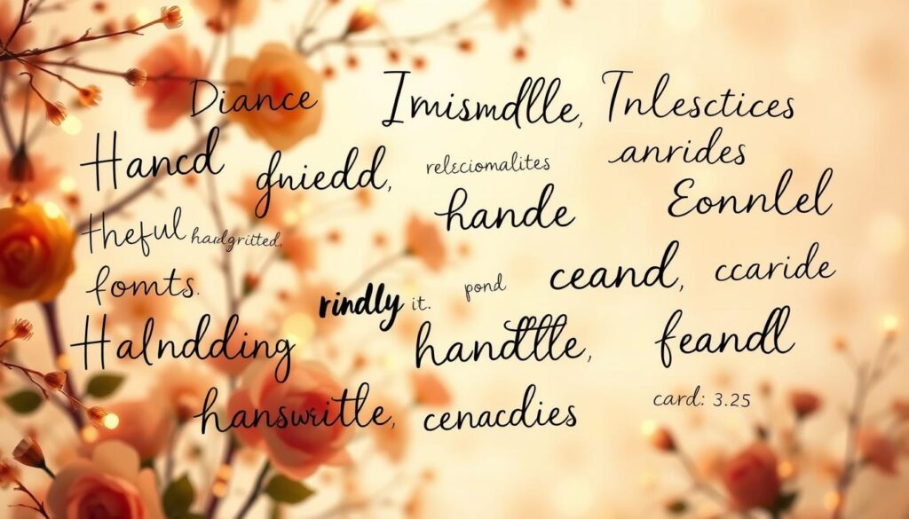 A softly-lit, whimsical scene of various handwritten and typography-inspired font styles floating effortlessly against a delicate floral backdrop. The fonts gracefully dance and intertwine, showcasing a harmonious blend of classic serifs, modern sans-serifs, and playful script varieties. Warm lighting casts a cozy, inviting glow, while the overall composition evokes a sense of joy and creativity, perfectly capturing the essence of crafting heartfelt, personalized cards.