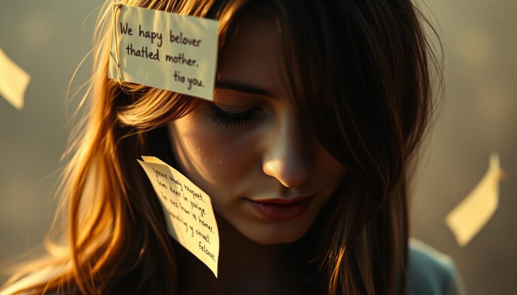 A somber, emotive scene of a young woman gazing down, her face half-obscured by cascading hair, softly illuminated by a warm, golden light. Delicate handwritten letters float in the air around her, forming poignant messages of heartfelt appreciation for a beloved mother. The background is a hazy, muted palette, evoking a sense of melancholy and introspection. Subtle details, such as a single tear trickling down her cheek, convey the depth of her emotional connection. Composed with a shallow depth of field, the focus remains on the woman's pensive expression, drawing the viewer into her private moment of reflection.