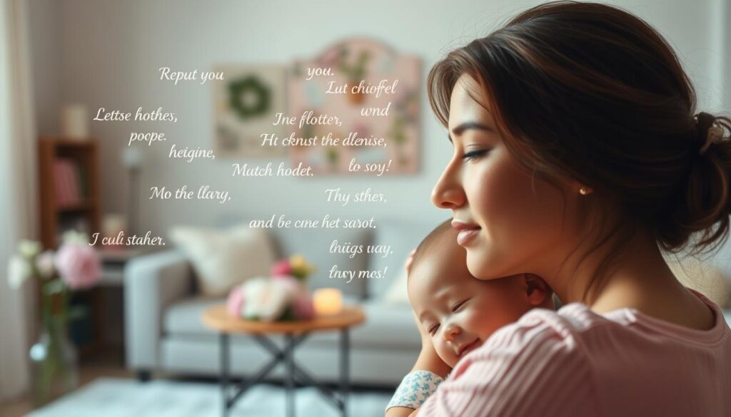 A soothing, tranquil scene depicting the significance of motherly sayings. In the foreground, a mother figure gazes lovingly at her child, her expression conveying a profound sense of warmth and nurturing. The middle ground features a cozy, domestic setting, with delicate floral arrangements and soft, diffused lighting evoking a serene, contemplative atmosphere. In the background, wisps of inspirational words and phrases float gently, symbolizing the profound impact of a mother's wisdom and guidance. The overall composition should evoke a sense of maternal affection, emotional support, and the timeless value of a mother's words.