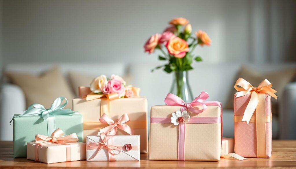A still life arrangement of beautifully wrapped gifts in a soft, warm lighting. The foreground features an assortment of elegantly wrapped boxes in pastel colors, ribbons, and delicate floral accents. The middle ground showcases a vase of fresh flowers, complementing the gift presentation. The background is a serene, blurred interior setting, creating a cozy, inviting atmosphere. The overall composition conveys a sense of thoughtfulness, care, and the joy of gifting for a beloved mother on her special day.
