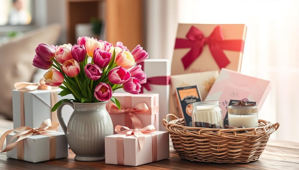 A still life arrangement showcasing a variety of popular Mother's Day gifts. In the foreground, a bouquet of vibrant flowers, perhaps tulips or roses, sits in a elegant ceramic vase. Surrounding it are delicately wrapped gift boxes in pastel shades, tied with satin ribbons. In the middle ground, a woven basket overflows with artisanal chocolates and a scented candle in a decorative holder. The background features a soft, out-of-focus scene, with sunlight filtering through a window, casting a warm, soothing glow over the entire composition. The overall mood is one of thoughtfulness, appreciation, and a celebration of motherhood.