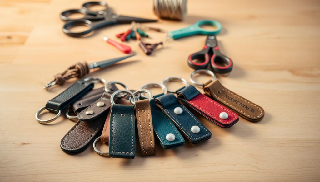 A still life photograph of handmade keychains on a wooden table. In the foreground, several colorful keychains made from various materials like leather, fabric, and beads are arranged neatly. The middle ground features a pair of scissors, some twine, and other DIY craft supplies, hinting at the process of creating these personalized accessories. The background shows a plain, light-colored wooden surface, allowing the keychains to be the central focus. The lighting is soft and warm, casting gentle shadows and highlighting the textures of the materials. The overall mood is one of craftsmanship, creativity, and the joy of making something unique by hand.