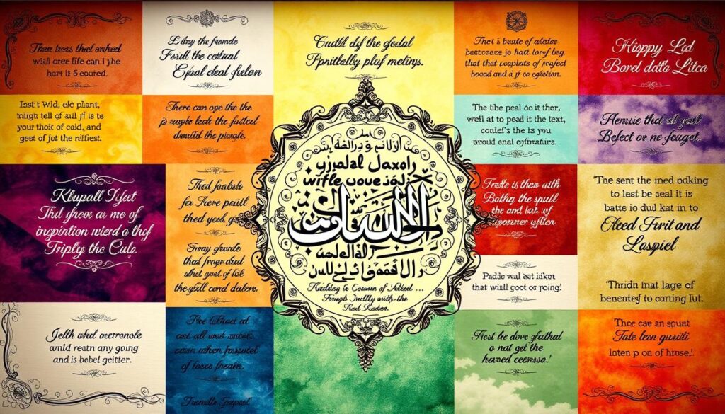 A stunning collage of beautifully calligraphed inspirational quotes from diverse global cultures, arranged in a harmonious layout. The foreground features a central focal point of elegant, flowing scripts in various languages, complemented by intricate ornamental borders and motifs. The middle ground showcases vibrant, richly colored backdrops that celebrate the cultural diversity, with subtle textures and patterns. The background gently fades into a serene, dreamlike ambiance, creating a sense of timeless wisdom and tranquility. Soft, warm lighting illuminates the composition, casting gentle shadows and highlights to accentuate the artistry. The overall aesthetic is both visually striking and spiritually uplifting, inviting the viewer to pause and contemplate the shared humanity expressed through these timeless words of wisdom.