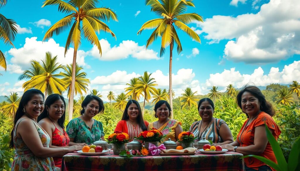 A stunning, vibrant scene of a Mother's Day celebration in a lush, tropical South American landscape. In the foreground, a group of smiling women gather around a table adorned with colorful flowers, traditional dishes, and handcrafted gifts. The middle ground features a backdrop of towering palm trees and verdant foliage, casting warm, dappled sunlight over the gathering. In the distance, a vibrant blue sky is dotted with fluffy white clouds, creating a serene and celebratory atmosphere. The overall mood is one of joy, community, and the cherishing of maternal bonds, perfectly capturing the unique Mother's Day traditions of South America.