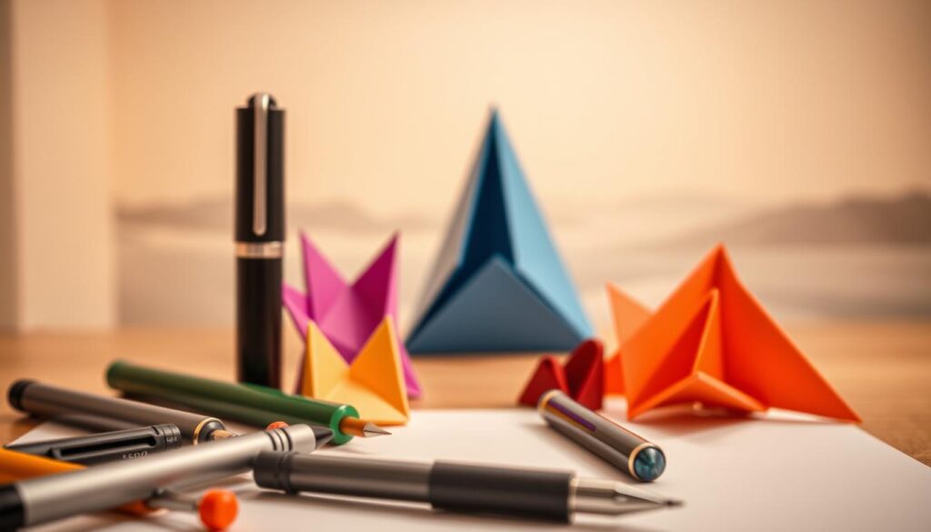 A stylized still life capturing the artful communication of "kreative Übermittlung". In the foreground, a variety of modern writing implements - sleek pens, colorful markers, a calligraphy nib - are arranged with care, hinting at the expressive potential of the written word. The middle ground features delicate origami shapes in vibrant hues, their intricate folds suggesting the nuanced and tactile nature of creative transmission. In the softly blurred background, a serene, minimalist landscape unfolds, conveying a sense of tranquility and focus. Warm, diffused lighting imbues the scene with an intimate, gallery-like atmosphere, inviting the viewer to pause and appreciate the poetry of thoughtful, heartfelt communication.