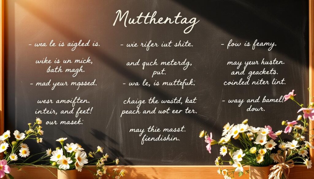 A sun-dappled chalkboard backdrop sets the stage for a heartfelt collection of short, handwritten Muttertag messages. In the foreground, delicate floral arrangements frame the elegant cursive script, each phrase a concise yet meaningful tribute. Warm lighting casts a gentle glow, evoking a sense of familial love and appreciation. The overall composition is simple yet impactful, allowing the thoughtful sentiments to take center stage. A timeless, rustic aesthetic pervades the scene, perfectly suited to celebrate the cherished bond between grandmothers and their families.