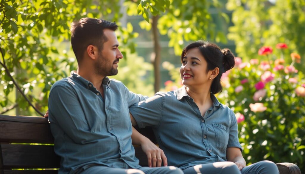 A sun-drenched garden, two figures seated on a rustic wooden bench, lost in quiet conversation. Soft, diffused light filters through verdant foliage, casting gentle shadows. The woman's hand rests on the man's arm, a gesture of connection and shared experience. Their expressions are serene, conveying a sense of contentment and belonging. In the background, a lush, blooming flower bed adds vibrant pops of color, complementing the tranquil mood. Captured with a shallow depth of field, the scene evokes a sense of intimacy and the preciousness of cherished moments spent together.