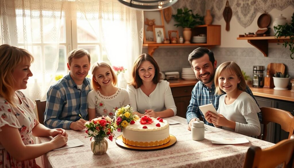 A sunlit kitchen interior in a cozy German home, showcasing traditional Muttertagstraditionen. In the foreground, a family gathers around a table adorned with handmade cards, fresh flowers, and a homemade cake. The mother sits at the center, surrounded by her children and husband, all smiling warmly. Soft, diffused lighting filters through lace curtains, casting a gentle glow. In the background, traditional Bavarian decor and family heirlooms create a sense of timeless tradition. The scene emanates a feeling of love, gratitude, and the cherished bonds of a German family on Muttertag.