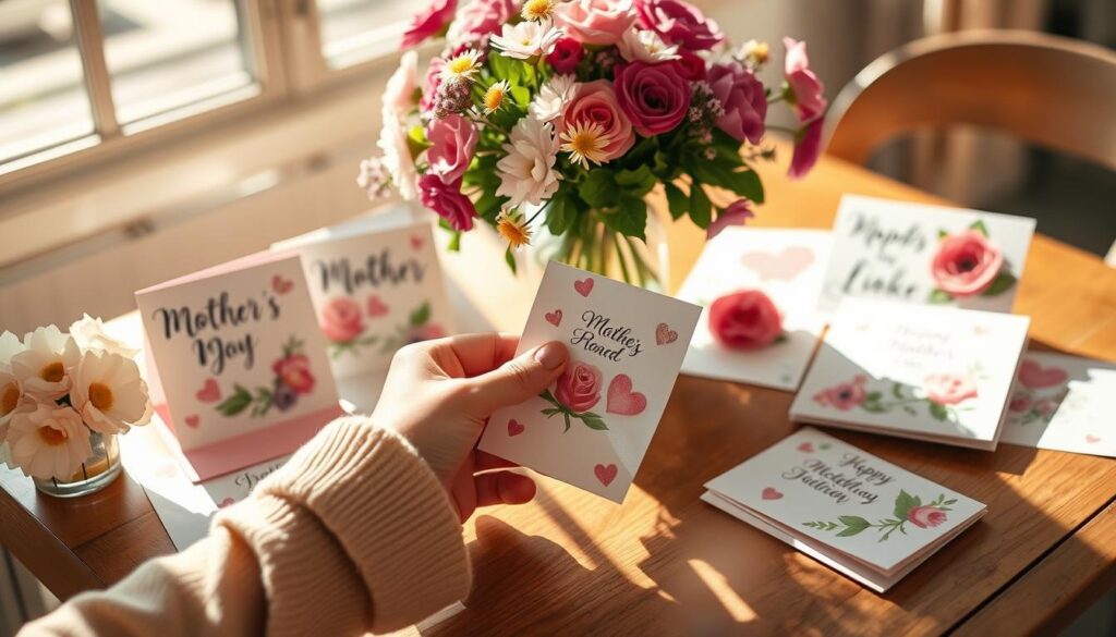A sunlit table, adorned with a bouquet of fresh flowers, showcases a collection of handcrafted Mother's Day cards. The cards, made with love and attention to detail, feature delicate floral patterns, heartfelt messages, and personalized touches. In the foreground, a pair of nimble hands carefully assemble a card, the process of creation captured in a cozy, intimate atmosphere. The background is softly blurred, allowing the focus to remain on the DIY process and the heartfelt nature of these homemade treasures. Warm, natural lighting bathes the scene, creating a inviting and sentimental mood.