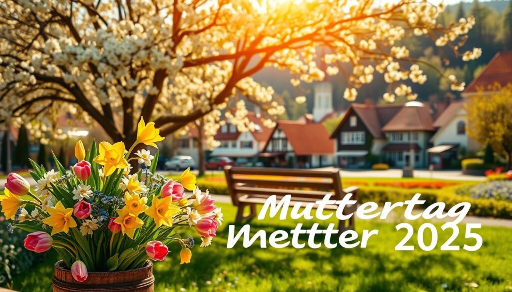 A sunny and vibrant spring landscape, with a warm, golden light cascading over a lush, blossoming garden. In the foreground, a beautiful bouquet of fresh flowers, including tulips, daffodils, and forget-me-nots, arranged in a rustic vase. In the middle ground, a cozy wooden bench sits beneath a flowering tree, casting a gentle, dappled shadow. In the background, a picturesque village scene with colorful houses, quaint shops, and a charming church steeple. The overall atmosphere conveys a sense of joy, celebration, and appreciation for the beauty of nature, perfectly capturing the essence of Muttertag 2025.