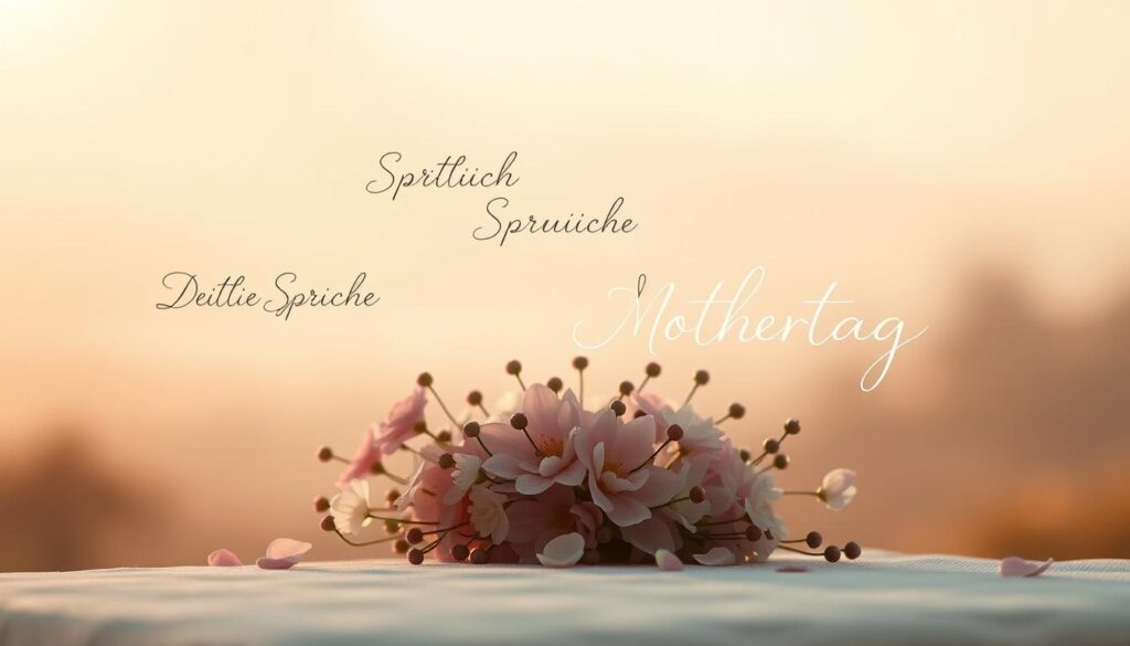 A tasteful, elegant illustration of "Deutsche Sprüche für den Muttertag" against a soft, ambient background. In the foreground, delicate calligraphic German phrases float gracefully, formed from intricate lines and strokes, reflecting the beauty and sentiment of the Mother's Day celebration. The middle ground features a lush, minimalist floral arrangement, petals seemingly caught in a gentle breeze. In the background, a hazy, ethereal landscape sets a serene, contemplative mood, the light filtering through in a warm, golden glow. Lighting is soft and diffused, with a subtle vignette effect to draw the eye inward. The overall style is photorealistic yet retains an elegant, almost abstract quality.