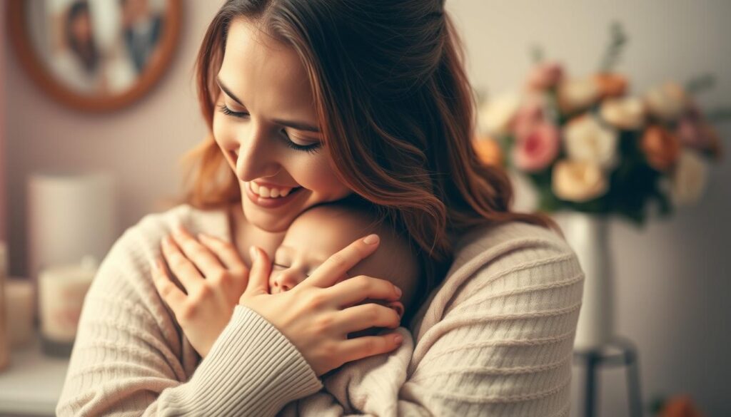 A tender embrace between a mother and child, their expressions radiating joy and gratitude. Soft, warm lighting envelops them, creating an atmosphere of intimacy and reverence. The mother's gaze is filled with profound love, her hands gently cradling the child's face. In the background, delicate floral arrangements and a serene, pastel-hued setting evoke the essence of Muttertag, a celebration of maternal bonds and unwavering devotion. Captured through a shallow depth of field, the focal point draws the viewer into this heartfelt moment of Wertschätzung, a profound appreciation for the nurturing spirit of motherhood.