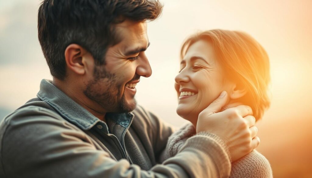 A tender embrace between loving spouses, captured in a warm and intimate portrait. The husband's face is adorned with a gentle smile, gazing affectionately at his partner. The background is a soft, blurred landscape, conveying a sense of tranquility and romance. The lighting is soft and diffused, creating a dreamlike, romantic atmosphere. The composition is centered on the couple, with a tight framing that emphasizes the connection between them. The image exudes a sense of global love, celebrating the universal language of affection that transcends borders and cultures.