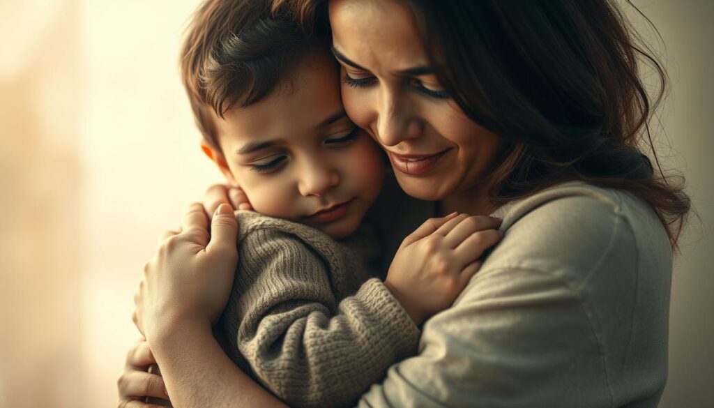 A tender, embracing mother figure at the center, her expression warm and loving as she holds a child close. Soft, glowing light bathes the scene, highlighting the intimate connection between them. The background gently blurs, creating a sense of timelessness and emotional resonance. Textures are rich, with delicate brushstrokes and a painterly quality that evokes the profound, irreplaceable role of a mother in her child's life. Subtle, muted tones convey a sense of reverence and quiet contemplation. The composition is balanced, drawing the viewer's eye to the heartfelt bond between mother and child.