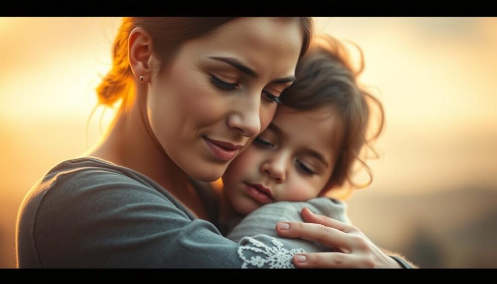 A tender mother and child embrace, their faces tranquil and serene. The foreground is bathed in a soft, warm light, highlighting the delicate features and the bond between them. The background is a blurred, dreamlike landscape, evoking a sense of intimacy and emotional connection. The composition is balanced and harmonious, conveying a profound, soulful moment of love and understanding. The overall atmosphere is one of profound affection, comfort, and the unbreakable tie between a parent and child.