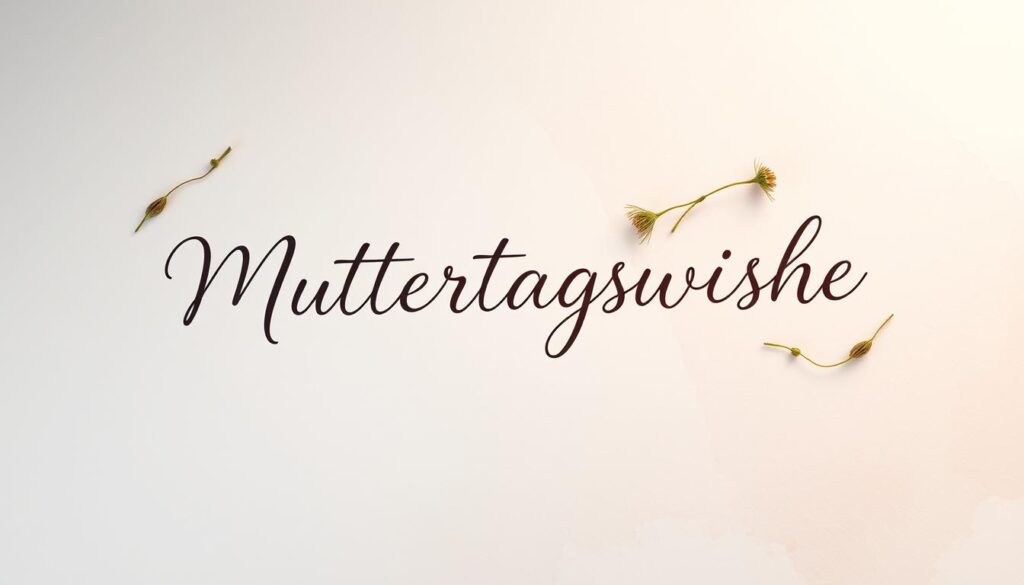 A thoughtful and heartfelt Mother's Day greeting, written in elegant calligraphy on a watercolor background of soft, pastel hues. The words "Muttertagswünsche" are beautifully composed, with delicate floral accents framing the text. The overall composition conveys a sense of warmth, love, and appreciation for the beloved mother figure. The lighting is soft and diffused, creating a serene and intimate atmosphere. The image is captured from a slightly elevated angle, giving it a contemplative and reflective quality.