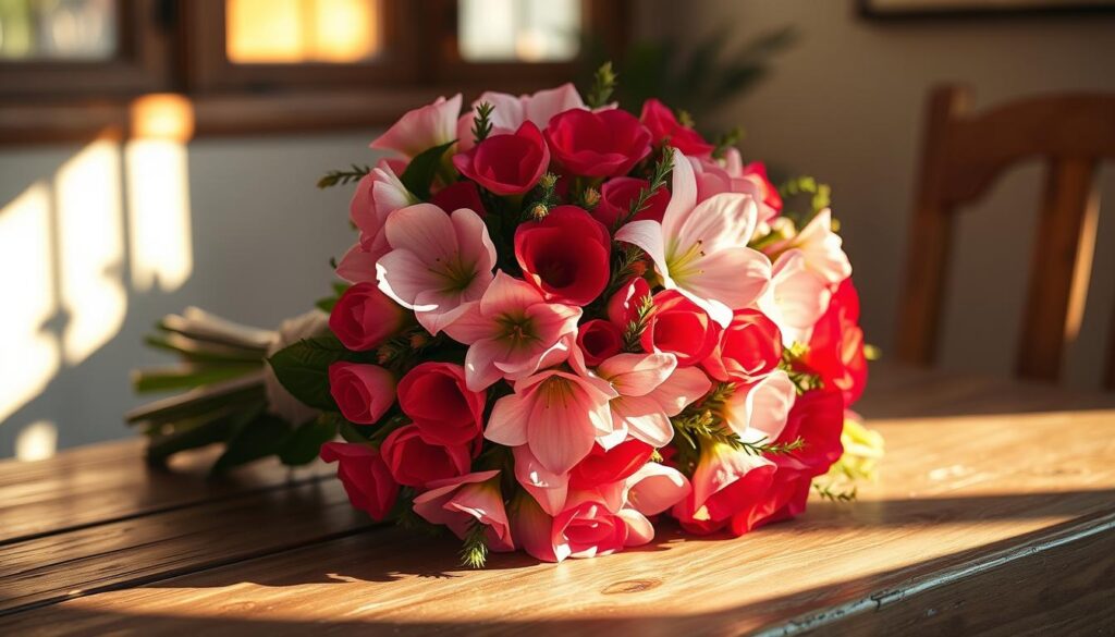 A thoughtful bouquet of lush, vibrant flowers - an expression of a child's love for their mother. Delicate petals in hues of pink, red, and white cascade gracefully, illuminated by warm, golden sunlight filtering through a window. The arrangement rests on a rustic wooden table, casting gentle shadows that add depth and texture. Surrounding the bouquet, a cozy, inviting atmosphere evokes a sense of tenderness and joy, capturing the sentiment of a cherished Mothers' Day celebration. The flowers transcend their role as a simple gift, becoming a heartfelt symbol of the unbreakable bond between a mother and child.