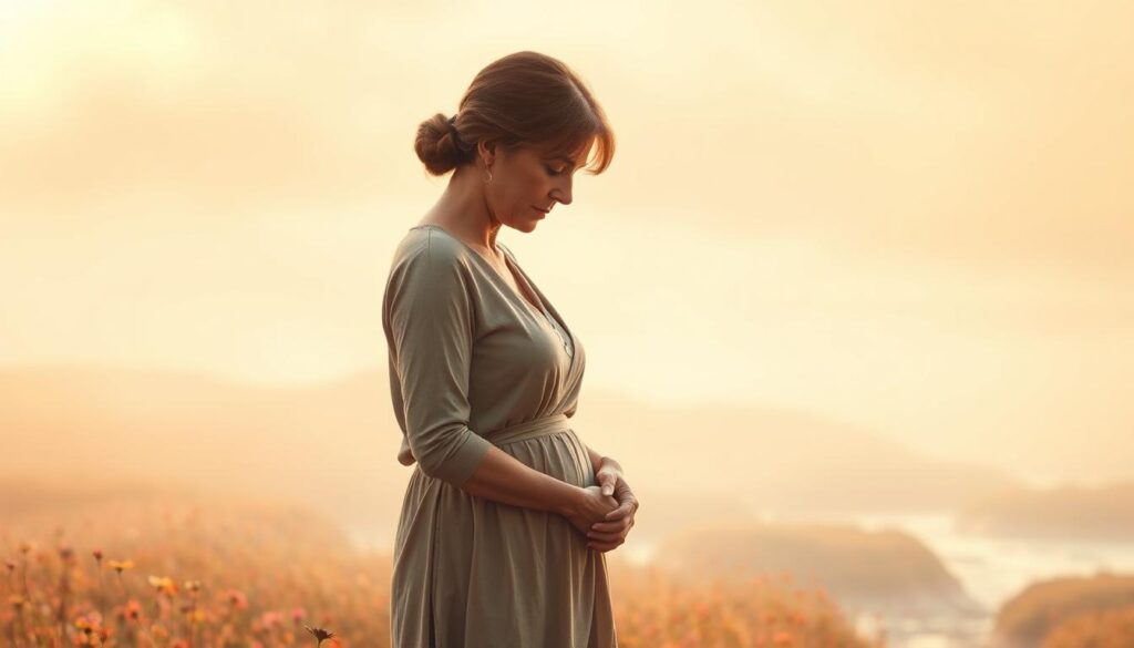 A thoughtful mother figure stands in a serene, ethereal landscape, her eyes downcast in contemplation. The background is a soft, muted palette of pastel hues, with subtle hints of nature - a field of wildflowers, a gently flowing stream. The lighting is warm and diffused, creating a sense of introspection and depth. The mother's pose is one of quiet wisdom, her body language conveying a lifetime of experience and the weight of her reflections. The overall mood is reflective, inviting the viewer to pause and consider the profound, heartfelt sentiments that often accompany the celebration of motherhood.