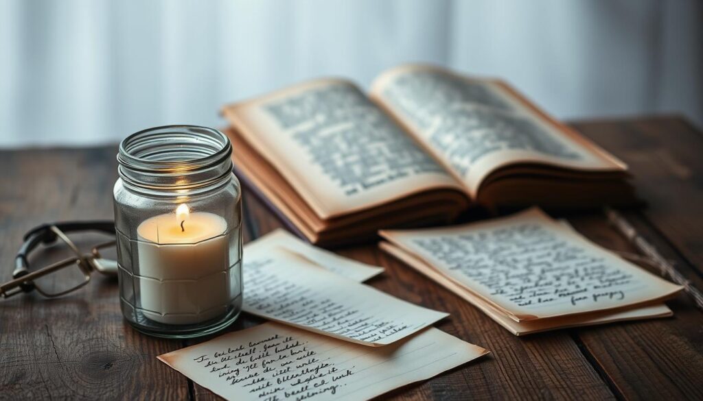 A thoughtful, pensive still life arrangement on a wooden surface. In the foreground, a vintage-style glass jar holds a single burning candle, casting a warm, contemplative glow. Surrounding the jar, an assortment of handwritten notes and pages rests on the textured wood, their edges slightly weathered. In the middle ground, a pair of aged, leather-bound books sit open, their pages inviting the viewer to explore their contents. The background is softly blurred, allowing the viewer to focus on the meditative nature of the scene. The overall mood is one of quiet reflection and introspection, conveying the essence of "nachdenkliche Zitate".