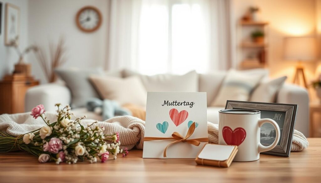 A thoughtfully curated arrangement of heartfelt, personalized Muttertag gifts, artfully displayed against a warm, inviting backdrop. The foreground features delicate handcrafted items - a bouquet of freshly picked flowers, a DIY greeting card showcasing a child's heartfelt artwork, and a personalized mug or photo frame. The middle ground encompasses a cozy, softly lit living space, with plush textiles and natural wood accents, creating a sense of comfort and intimacy. In the background, a harmonious blend of muted colors and gentle lighting evokes a serene, contemplative atmosphere, reflecting the sentiment of cherished family moments and the loving bond between mother and child.
