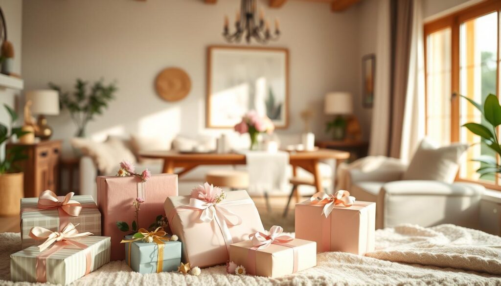 A thoughtfully curated collection of creative Mother's Day gift ideas against a warm, inviting backdrop. In the foreground, an array of beautifully wrapped presents in pastel hues, punctuated by delicate floral accents. In the middle ground, a well-appointed table setting with a vase of fresh blooms and an elegant table runner. In the background, a cozy, sun-dappled living room with plush textiles and a hint of wooden furnishings, conveying a sense of domestic tranquility. Soft, diffused lighting from a large window casts a gentle glow over the scene, evoking a serene, homely atmosphere perfect for celebrating the special women in our lives.