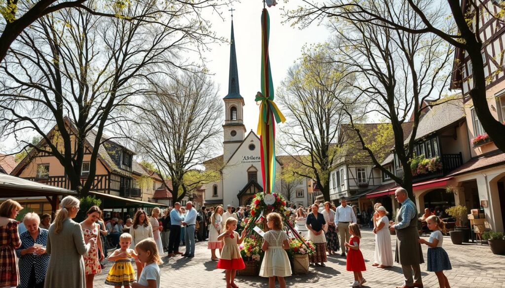 A traditional German Muttertag (Mother's Day) celebration unfolds in a cozy, sun-dappled town square. In the foreground, families gather around a maypole, adorned with colorful ribbons and fresh flowers. Children playfully dance, while mothers receive handmade cards and small gifts from their loved ones. In the middle ground, a quaint village church stands, its steeple casting a warm, golden glow over the scene. Towering linden trees line the square, their branches swaying gently in the breeze. In the background, half-timbered houses and cobblestone streets create a picturesque, timeless atmosphere, evoking the rich cultural heritage of Germany.